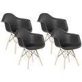 Fabulaxe Plastic DAW Shell Dining Arm Chair with Wooden Dowel Eiffel Legs, Black, PK 4 QI003748.BK.4